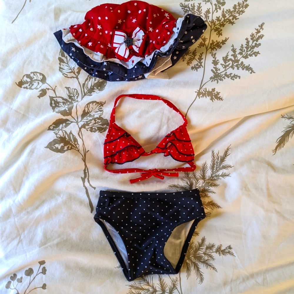 Baby red and blue bikini with hat